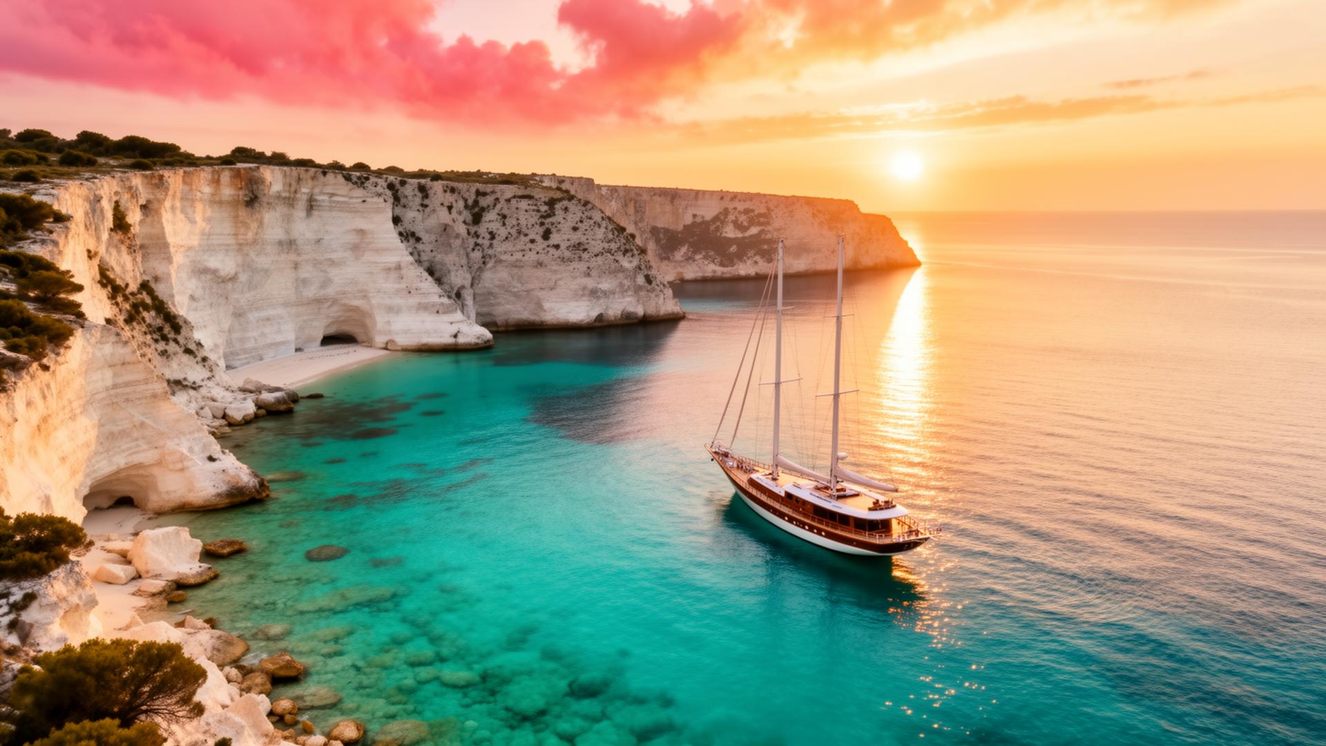 Turquoise Mediterranean cove at sunset